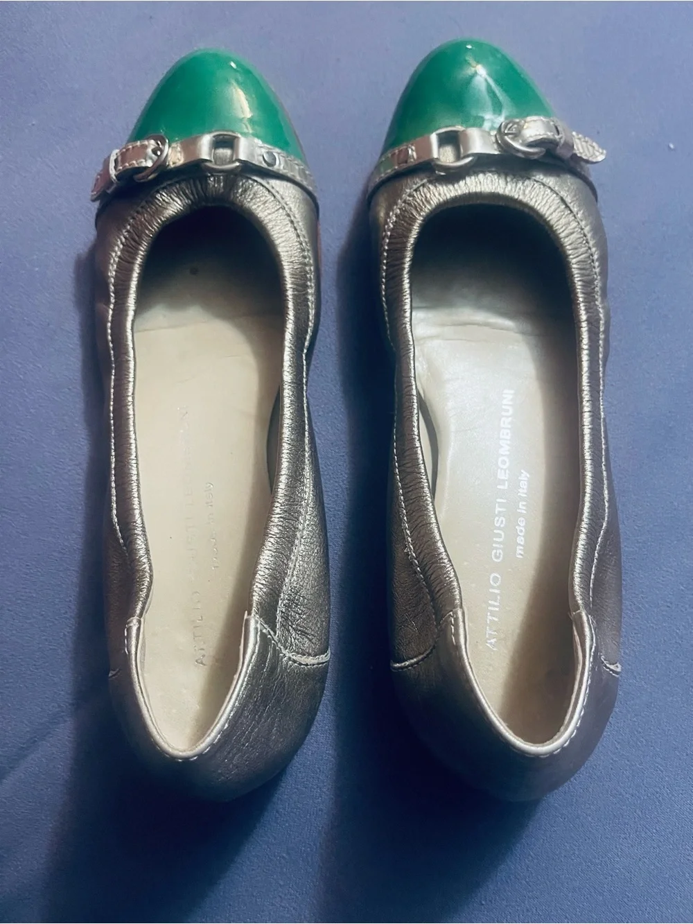 Attilio Giusti Leombruni Metallic Taupe Flats with Green Patent Toe